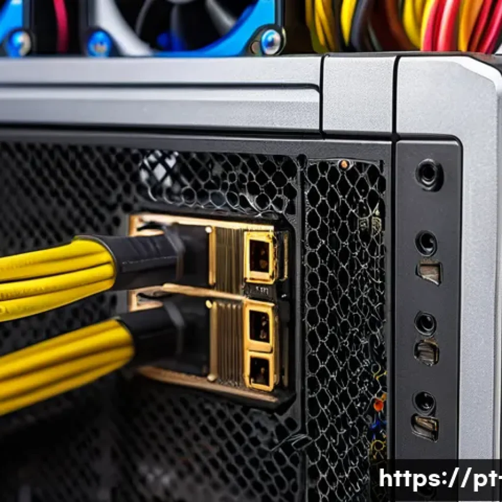 파워서플라이 고장 증상과 교체 방법 - A detailed, realistic close-up of a computer power supply unit inside a modern PC case, showing cabl...