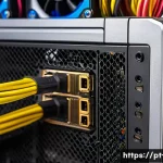 파워서플라이 고장 증상과 교체 방법 - A detailed, realistic close-up of a computer power supply unit inside a modern PC case, showing cabl...