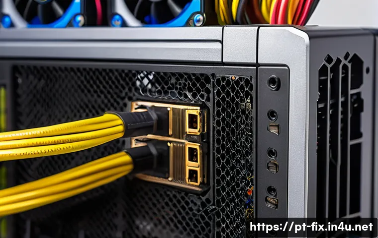 파워서플라이 고장 증상과 교체 방법 - A detailed, realistic close-up of a computer power supply unit inside a modern PC case, showing cabl...