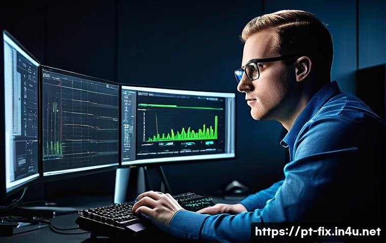 그래픽카드 드라이버 충돌 문제 해결 - A detailed, realistic digital illustration of a computer technician diagnosing a graphics card drive...